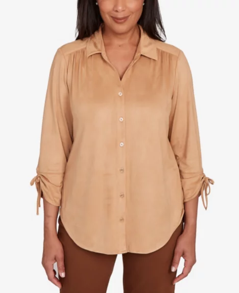 Petite Mount Laurel Button Front Faux Suede Top - Caramel