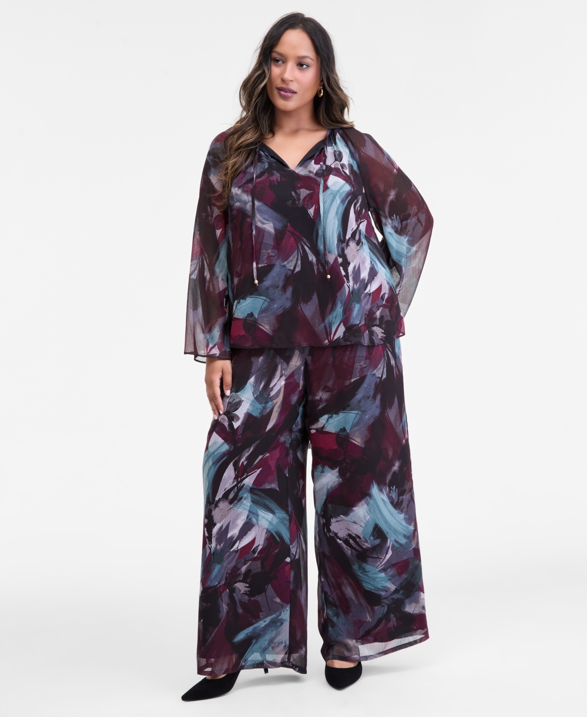 Inc International Concepts Plus Size Printed Tie-front Blouse, Macy's Exclusive In Brown