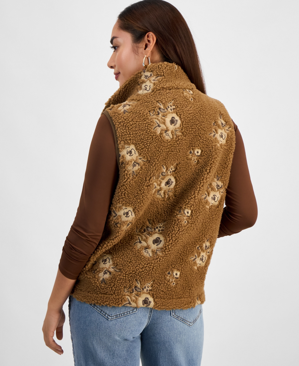 And Now This Petite Embroidered Sherpa Fleece Vest, Macy's Exclusive In Brown