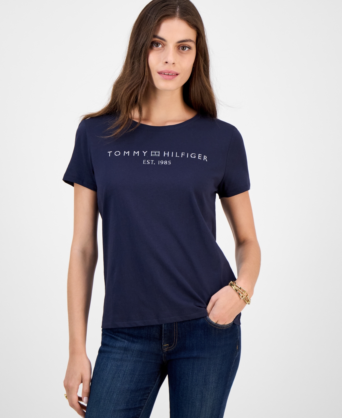 Tommy Hilfiger Women's Cotton Logo Crewneck T-shirt In Blue