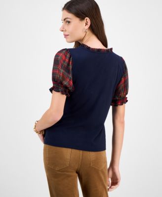 Women's Mixed-Media Plaid Puff-Sleeve Top