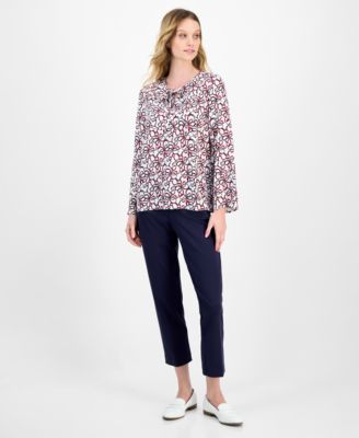 Women's Ribbon-Print Tie-Front Blouse