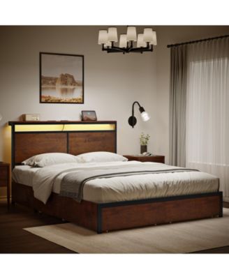Modern Full Bed Frame with LED Headboard, 4 Storage Drawers, No Box Spring Needed