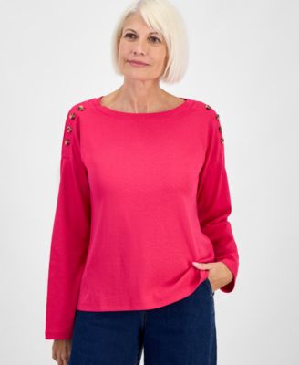Style & Co - Petite Cotton Long-Sleeve Scoop-Neck Top