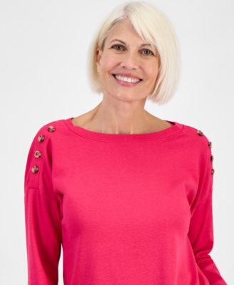 Petite Cotton Long-Sleeve Scoop-Neck Top, Macy's Exclusive