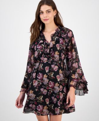 Women's Flare-Sleeve Ruffled Dark Rose Mini Dress