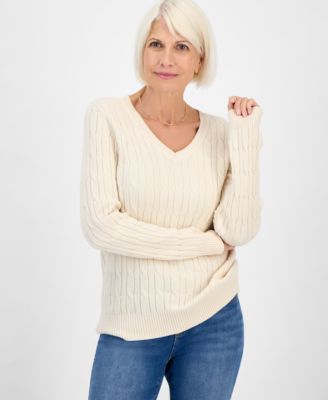 Petite Cotton Cable-Knit V-Neck Sweater