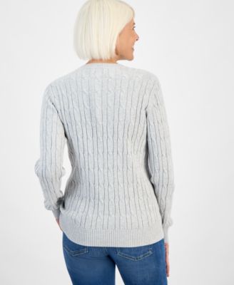 Petite Cotton Cable-Knit Crewneck Sweater, Created for Macy's 