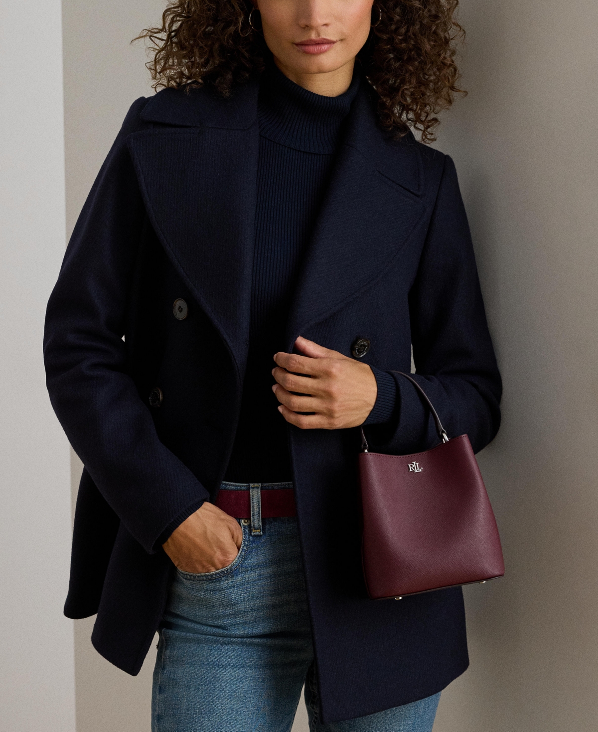Ralph Lauren Crosshatch Leather Mini Reese Bucket Bag In Burgundy