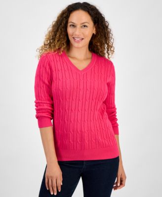 Petite Cotton Cable-Knit V-Neck Sweater, Created for Macy's 