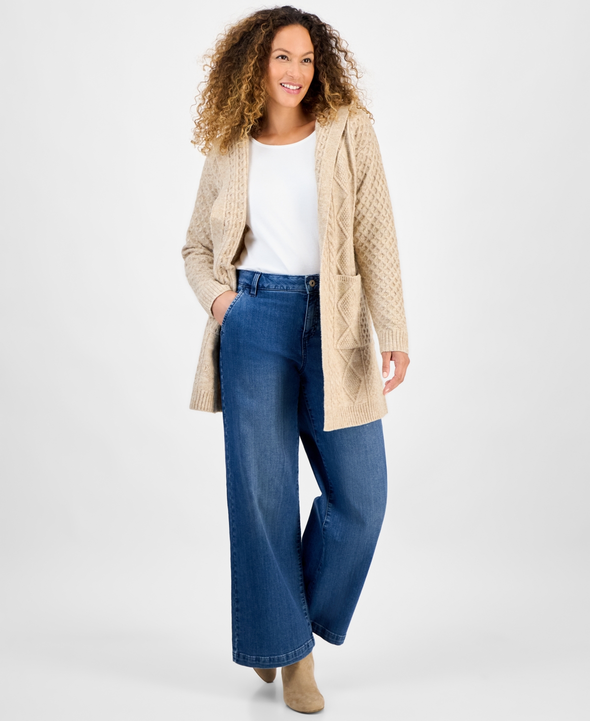 Style & Co Petite Chunky Cable-knit Hooded Cardigan, Macy's Exclusive In Neutral