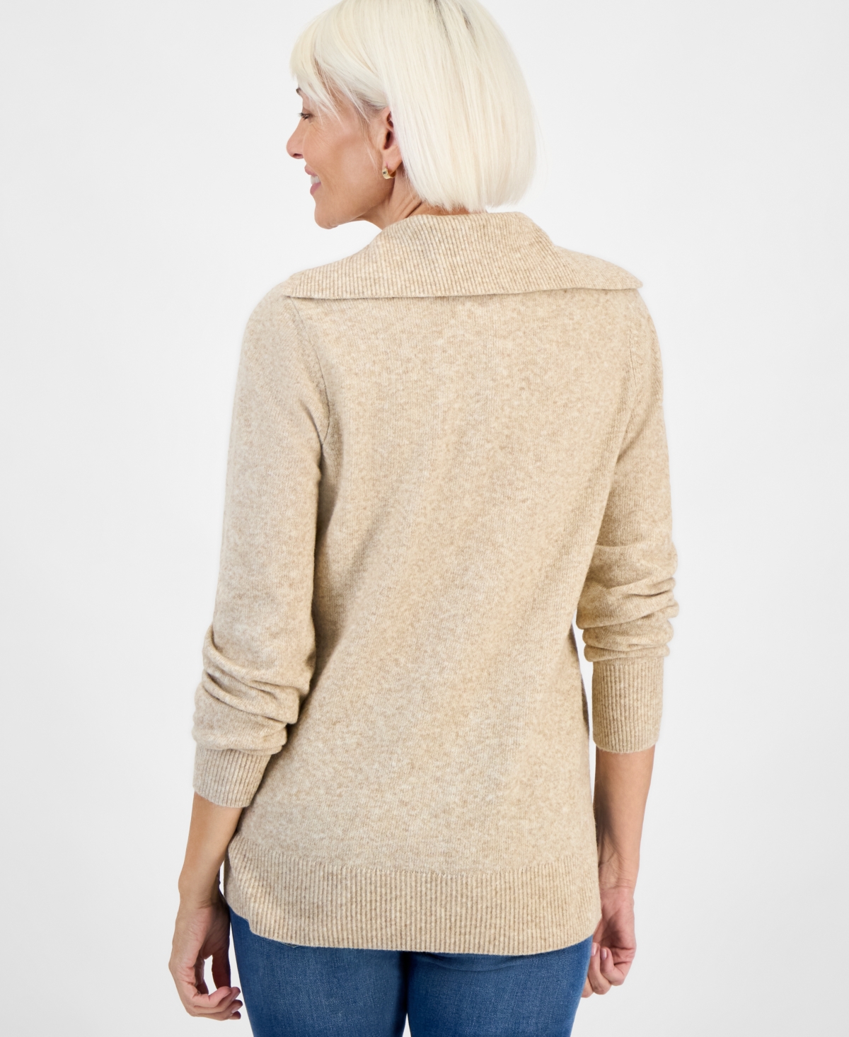Style & Co Petite Lux Johnny-collar Sweater, Macy's Exclusive In Neutral