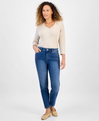 Style & Co - Petite Floral Appliqu&eacute; High-Rise Straight-Leg Jeans
