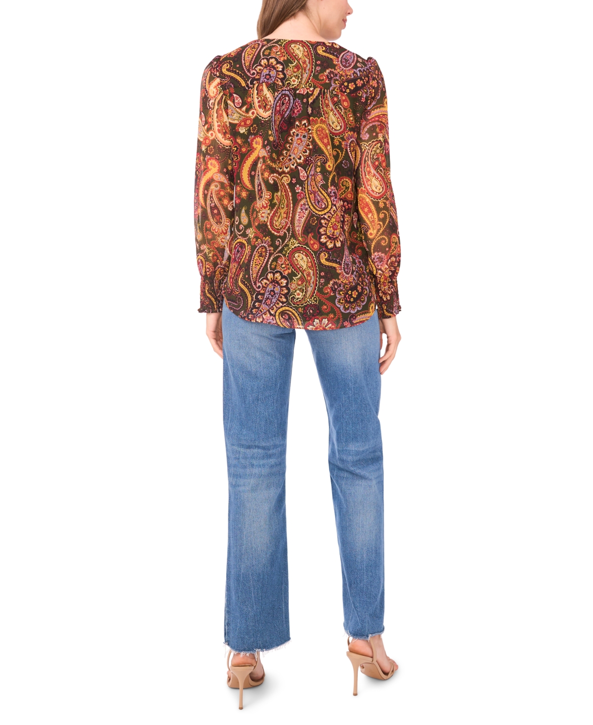 Sam & Jess Petite Smocked Shoulder V-neck Blouse Top In Green