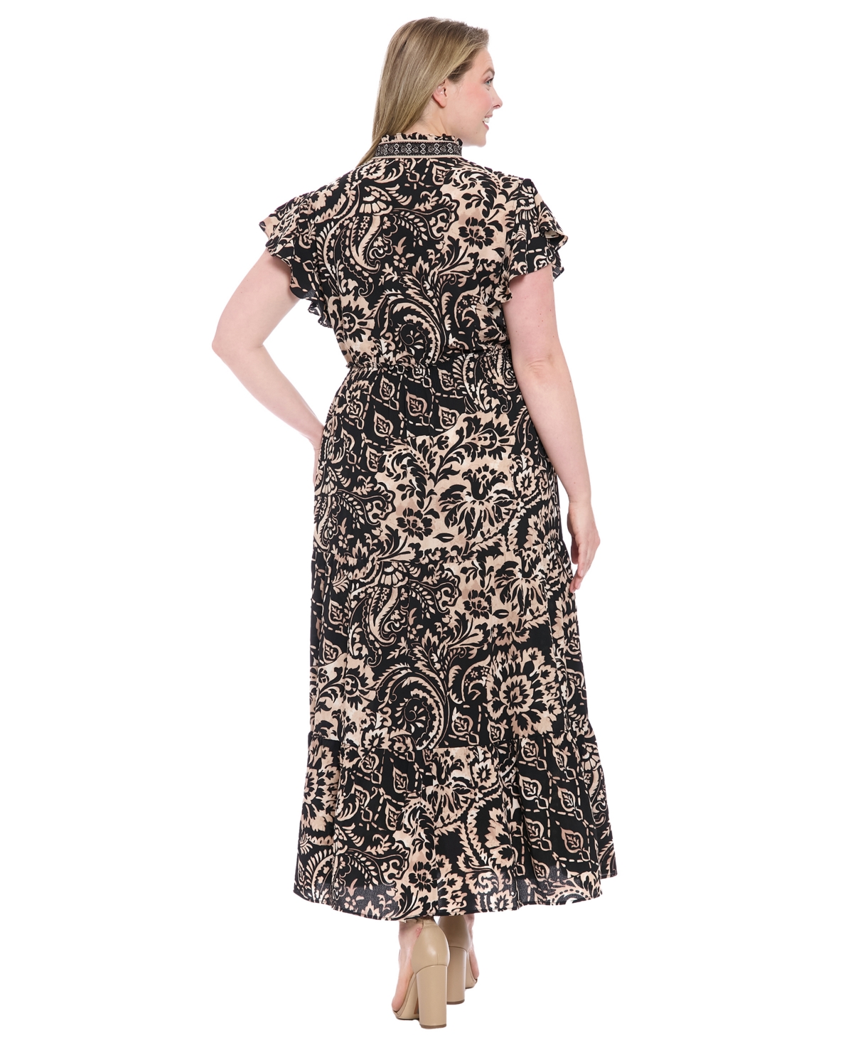 London Times Ruffle Flutter Sleeve Tiered Maxi Dress In Black