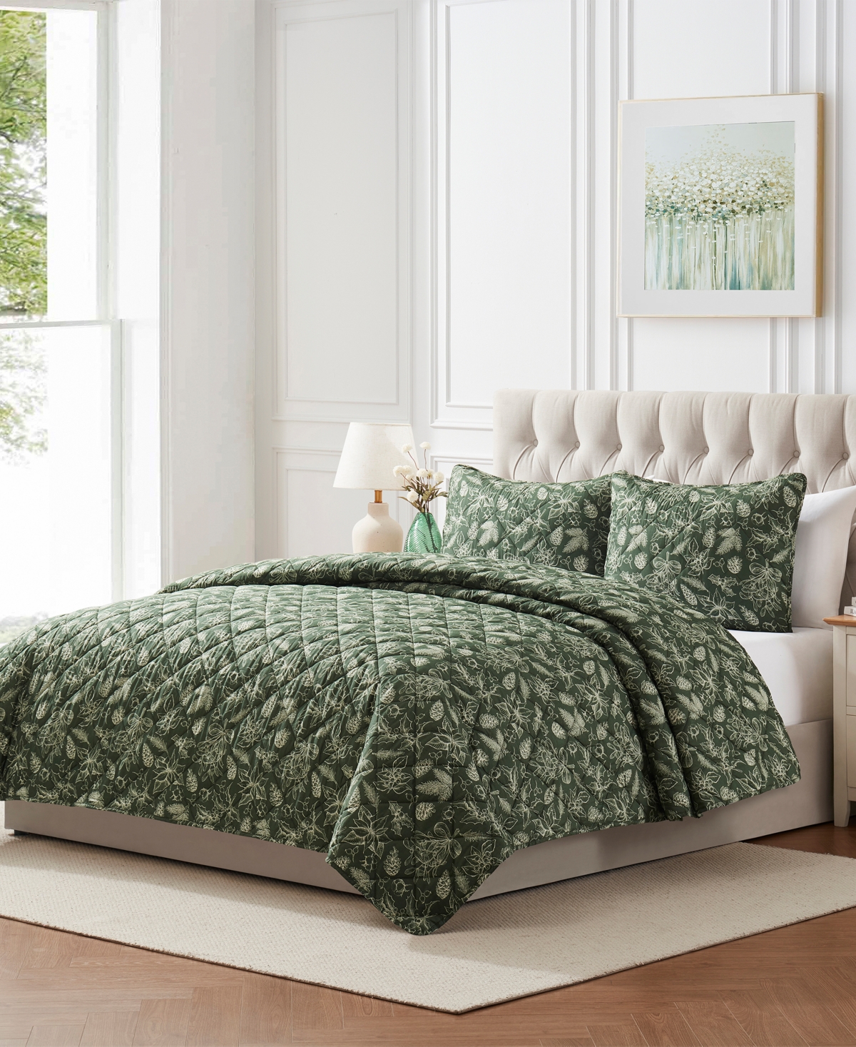 Seventh Studio Merry Botanical-print Pinsonic Microfiber 3-pc. Quilt Set, King In Green
