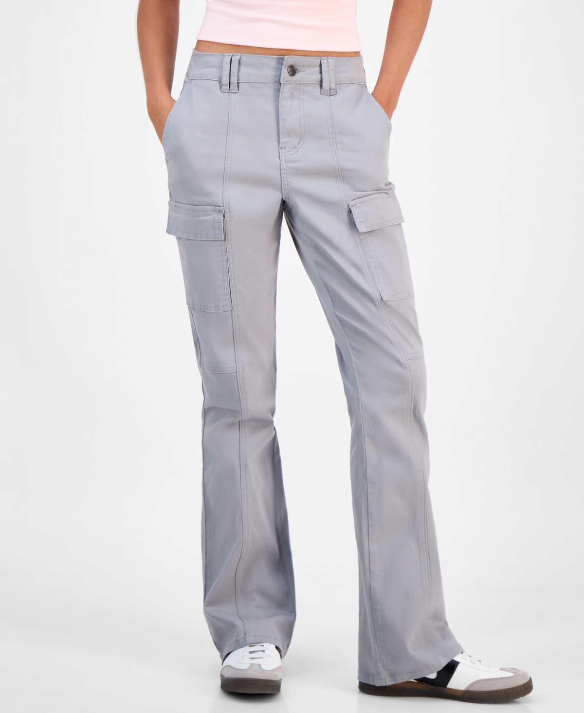 Madden Girl Juniors' High-rise Twill Bootcut Cargo Pants In Gray