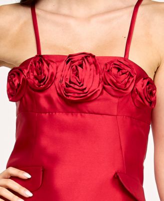 Juniors' Satin Rosette Fit and Flare Dress