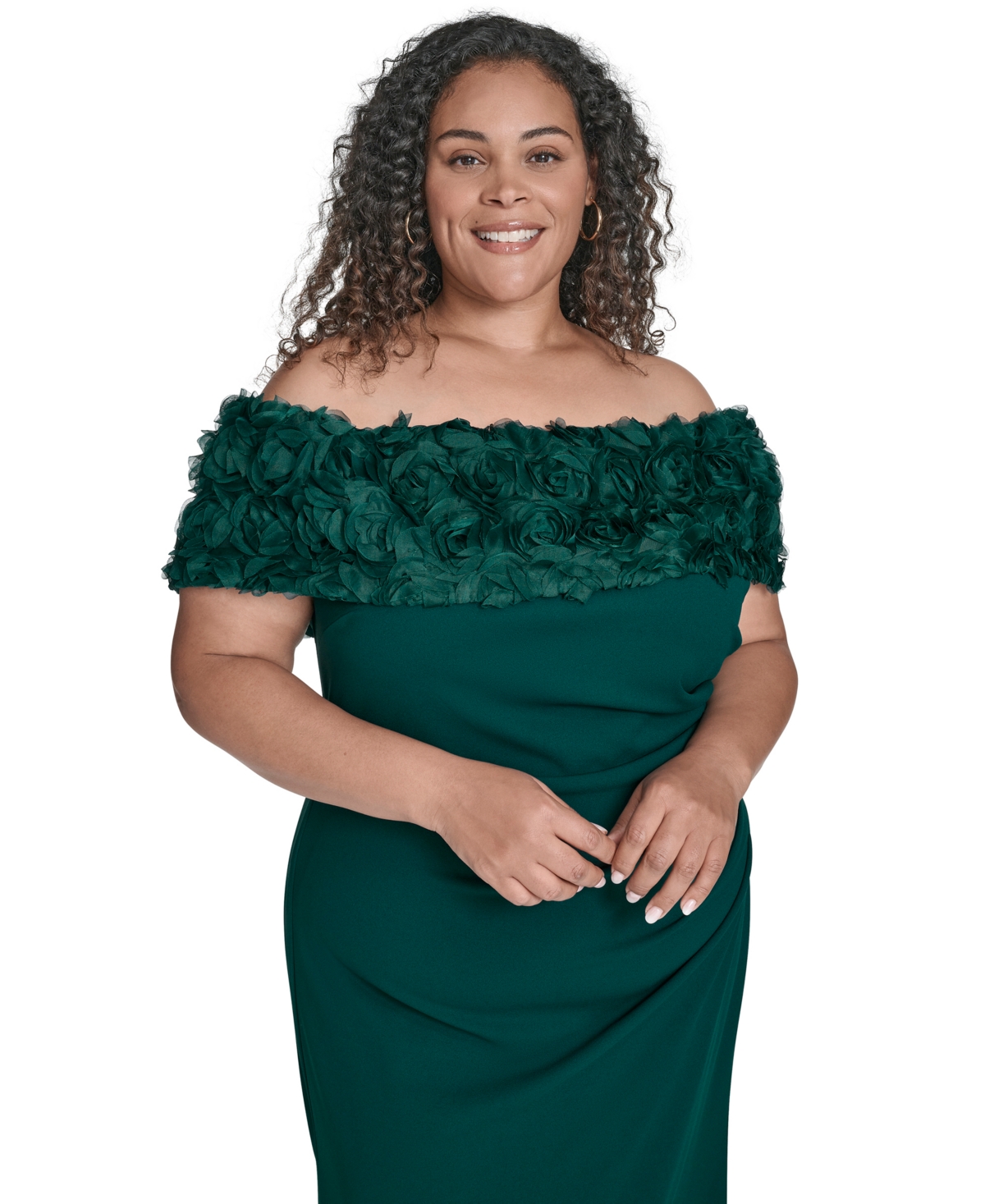 Eliza J Plus Size Rosette-trim Off-the-shoulder Evening Gown In Green