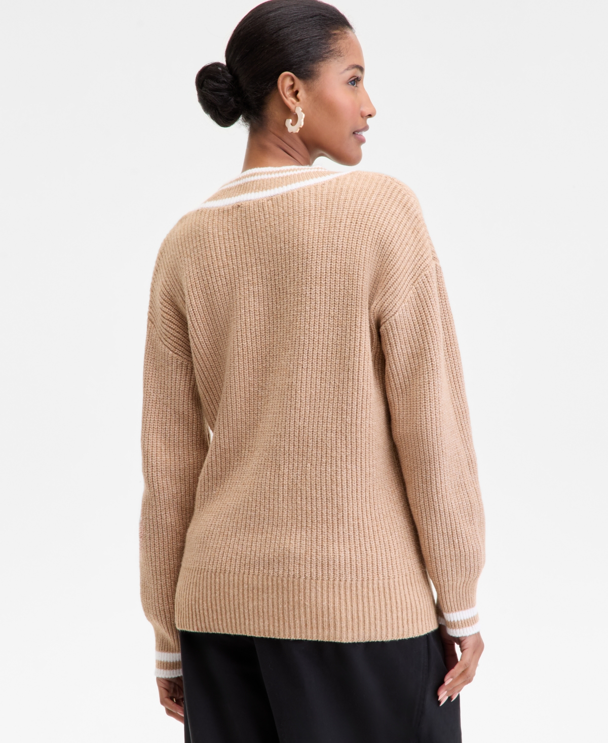 On 34th Women's Varsity Tipped V-neck Sweater, Macy's Exclusive In Neutral