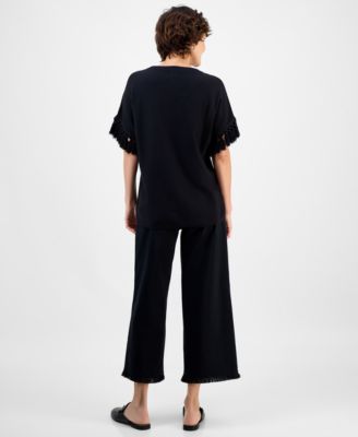 Women's Embroidered Fringe-Trim Poncho Top & High-Rise Fringe-Hem Capri Pants, Macy's Exclusive