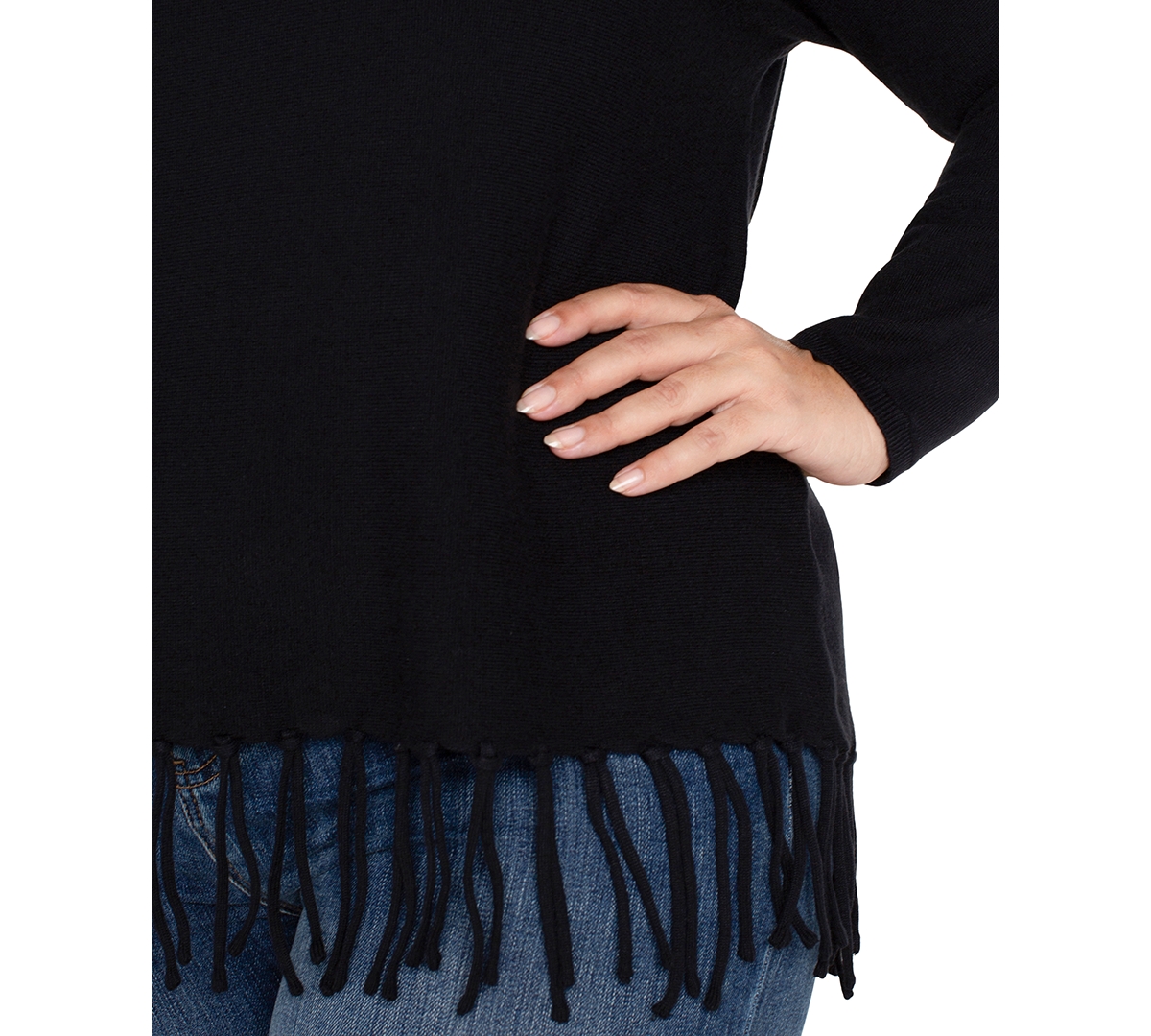 Liverpool Los Angeles Plus Size Fringe Dolman Long Sleeve Sweater In Black