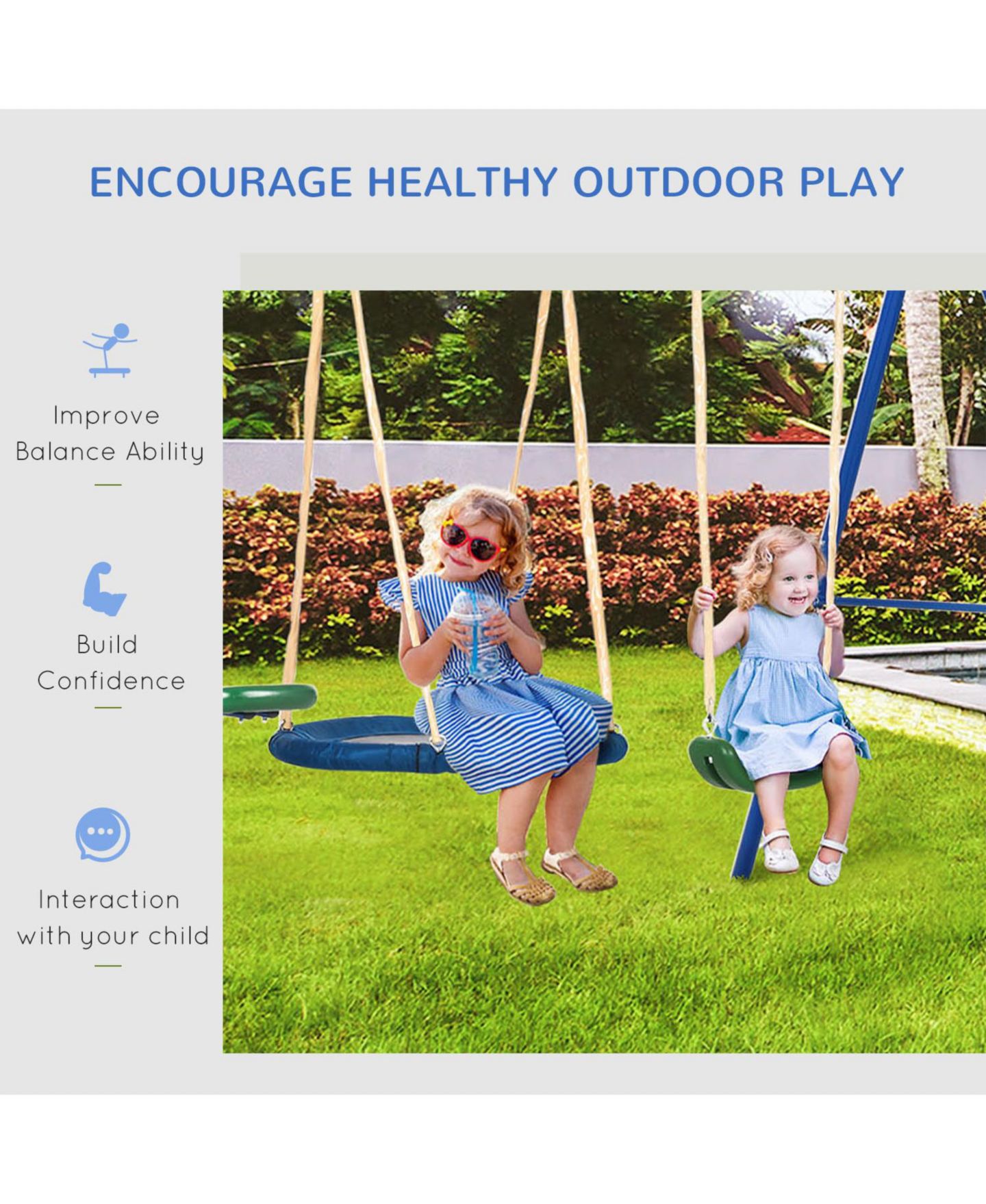 Детские игрушки Outsunny 4-in-1 Metal Swing Set with Glider, Seesaw, Saucer Swing & Slide, Holds 7, Ages 3+, цвет: Синий — фото 5