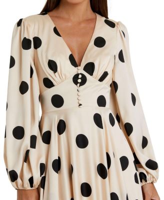 Women's Polka Dot Charmeuse Long Sleeve V Neck Midi Dress