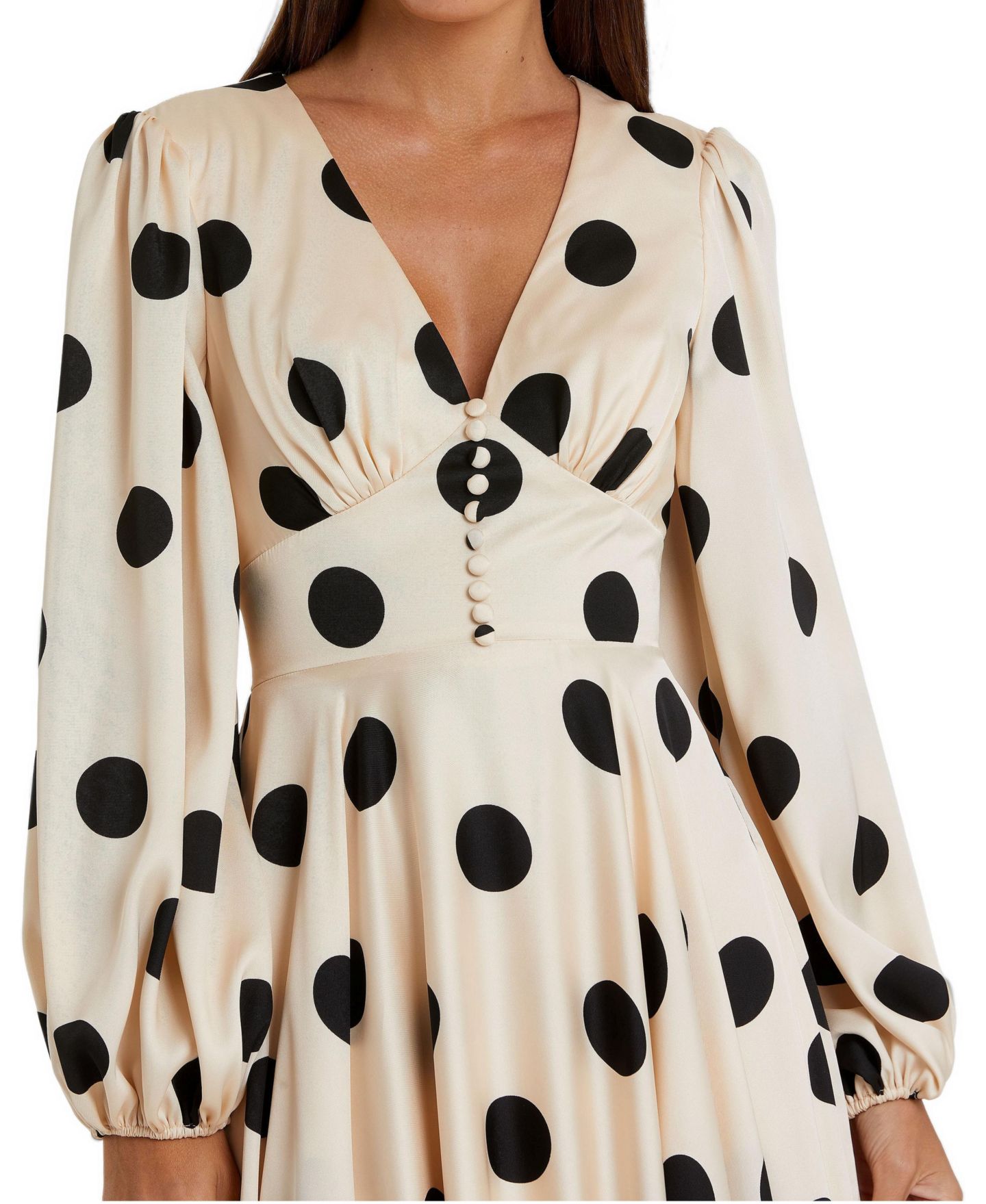 Женское платье Mac Duggal Polka Dot Charmeuse Long Sleeve V Neck Midi, цвет: Кремовый чёрный — фото 3