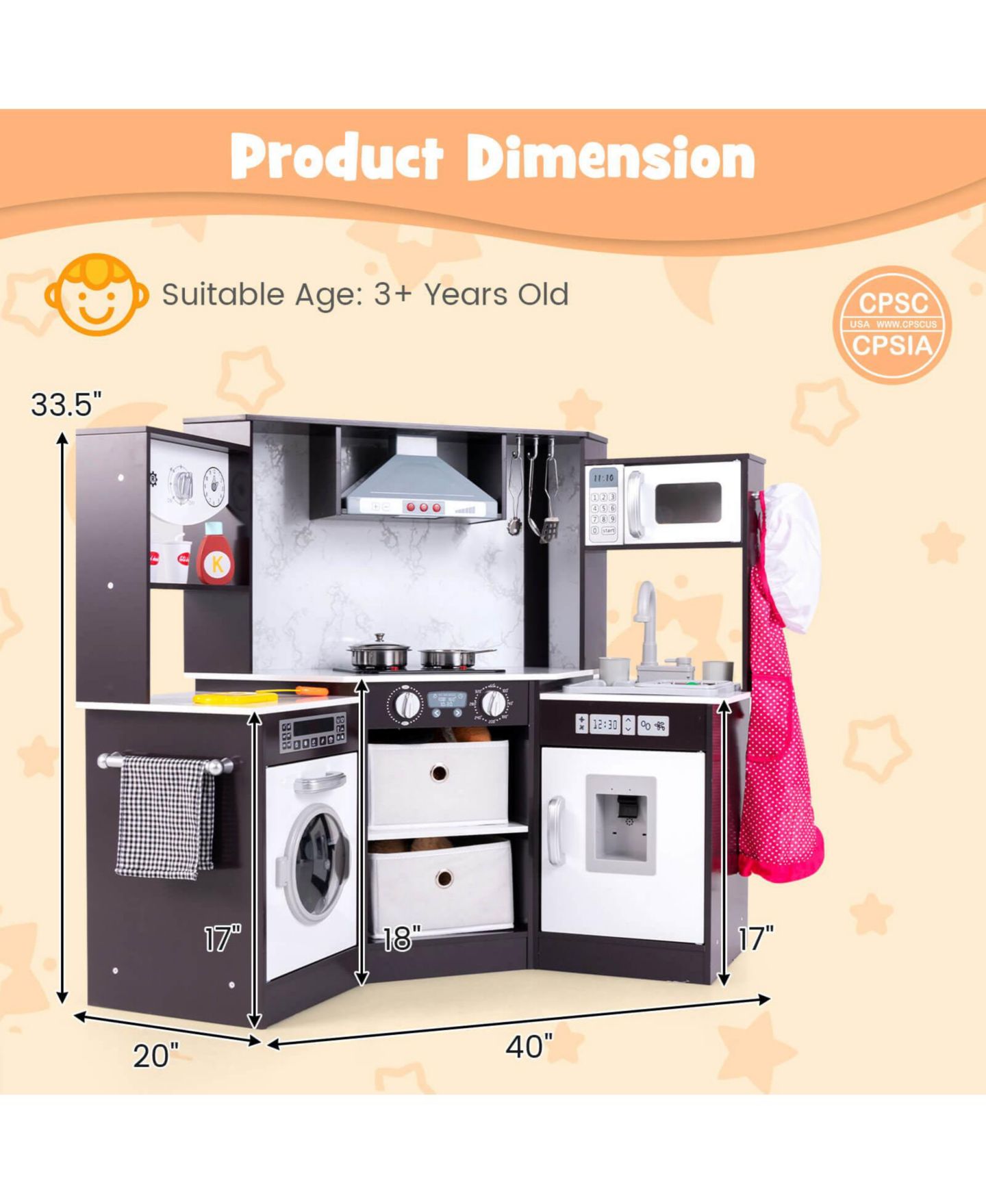 Детский игровой набор Costway Lighted Corner Kitchen Playset, Ages 3+, цвет: Коричневый — фото 4