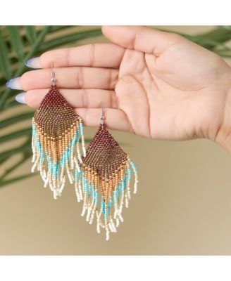 Beaded Fringe Earrings in Turquoise and Brown Ombre