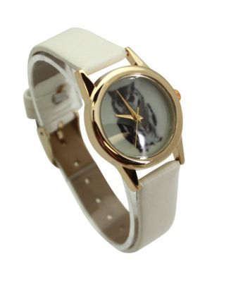 White Owl Drawing Face Faux Leather Band Women Watch