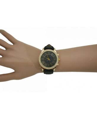 BLACK GLITTER AND GOLD DETAIL LEATHER STRAP WATCH