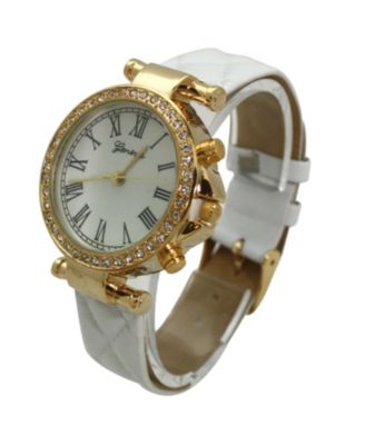 White Quilted and Gold Detail Leather Strap Watch