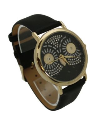 BLACK DAZZLING OWL FACE LEATHER STRAP WATCH