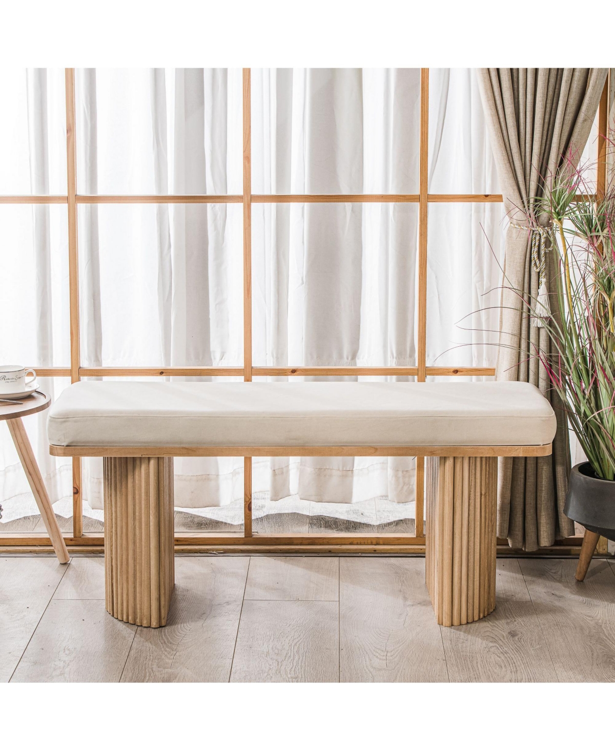 Nordlys - Solid Wood and Beige Velvet Bench Exotic Boho Entry