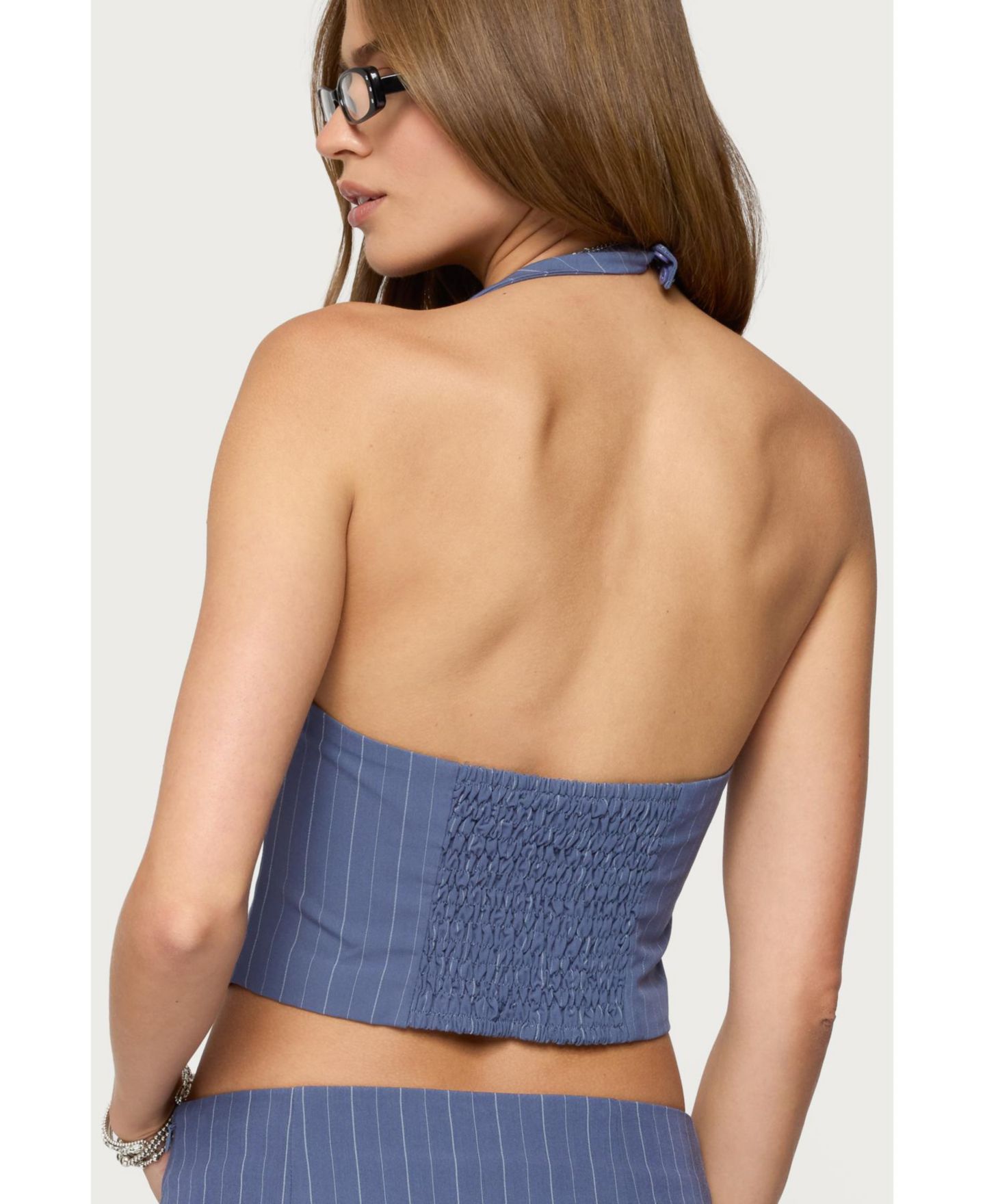 Женский топ Edikted Frankey Pinstripe Button Up Halter, цвет: Синий — фото 2