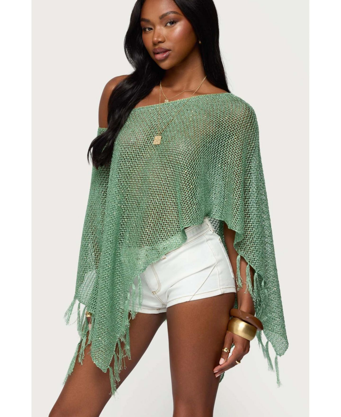 Edikted Women's Sequin Fringe Knit Poncho, цвет: Зелёный — фото 5