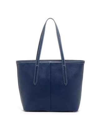 Blue Leather Shoulder Bag Elegant Big Tote Handbag for Women with Double Straps and Zip Closure
