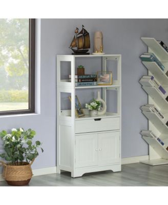 Tall Freestanding Wooden Storage Vanity, Kitchen Pantry, and Bathroom Cabinet Organizer, with 2 Open shelves, A drawer and 2 Door Cabinet