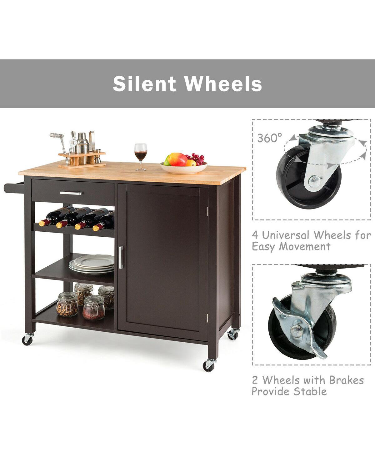 Gymax 4-Tier Wood Kitchen Island Trolley Cart Storage Cabinet w/ Wine Rack & Drawer