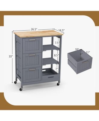 26.5" MDF, Metal 3 Drawers, Shelves, Removable Tray, Lockable Wheels Rolling Kitchen Island Cart