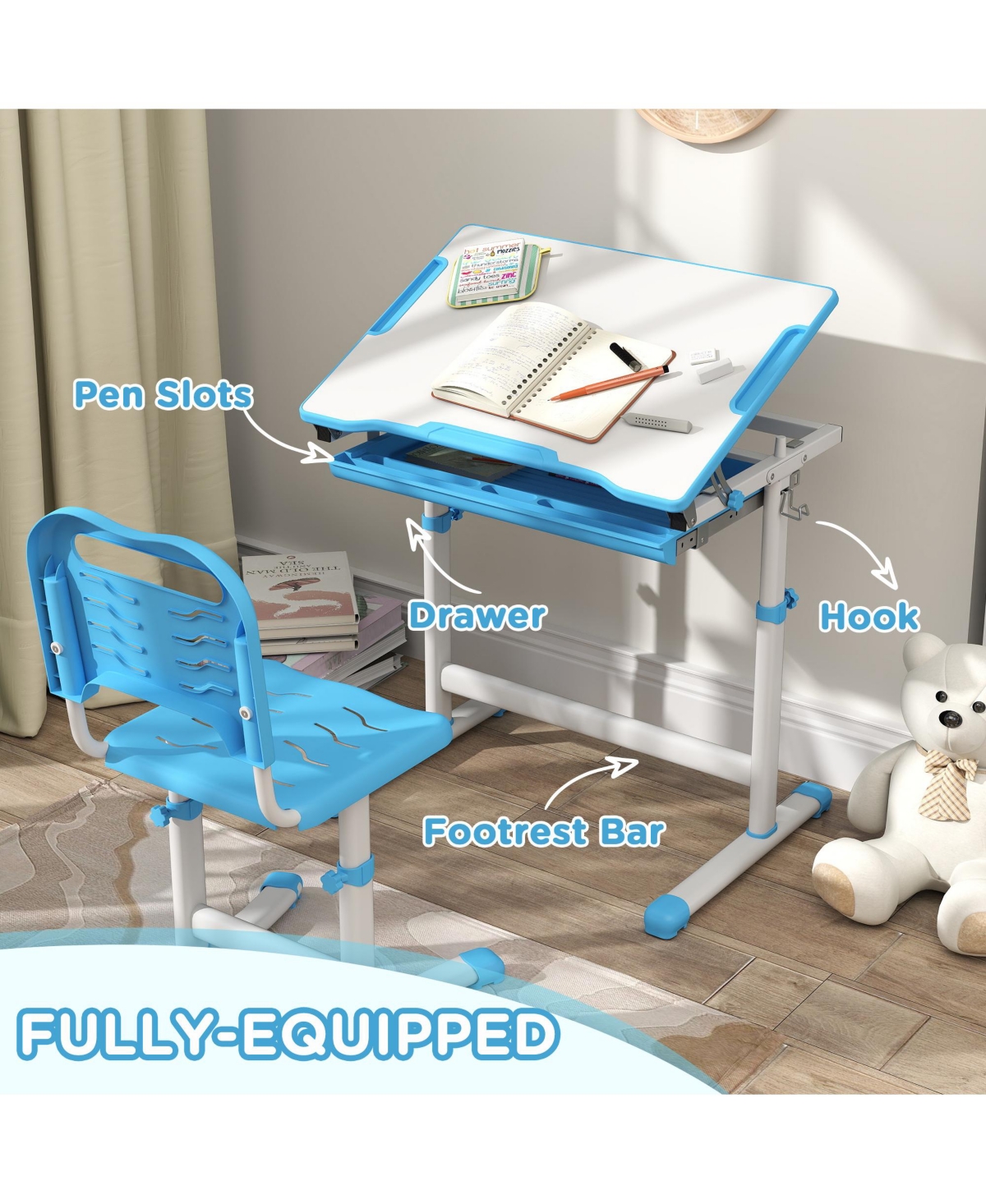 Qaba Height Adjustable Kids Desk and Chairs Set with Tilt Desktop,