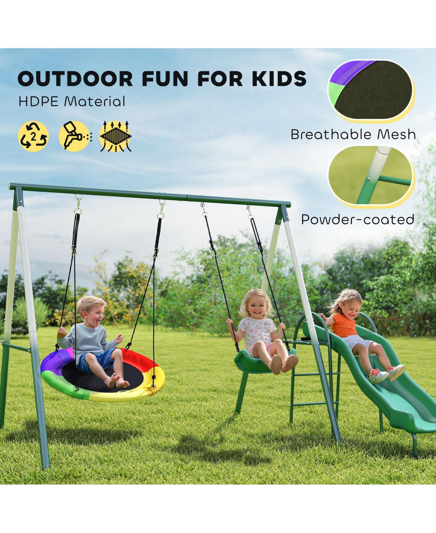 Детские игрушки Qaba Metal Swing Set with Slide, Heavy Duty Swing Set, цвет: Тёмный зелёный — фото 8