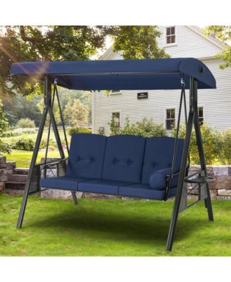 3-Person Metal Patio Swing with Removable Cushion & Cup Holder Patio Swing Outdoor Porch Swing Chair for Adults for Garden Backyard Deck