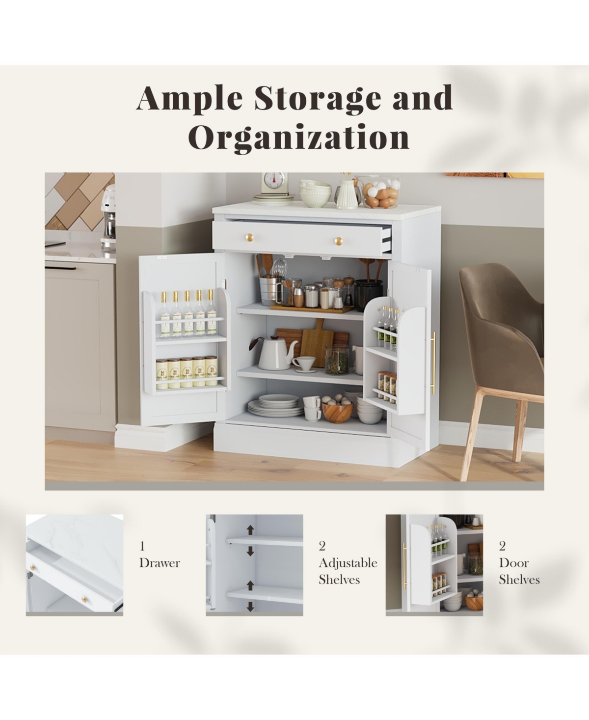 Casainc Modern Freestanding Kitchen Pantry Cabinet with Drawer and Adjustable Storage Shelves