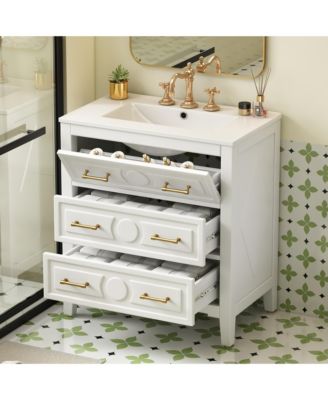 30" Freestanding Vanity With Ceramic Sink Combo and 3 Drawers, Solid Wood Frame