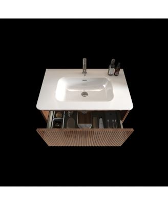 Etna 30" Floating Vanity With Ceramic Sink and Walnut Striped Finish, KD Assembly