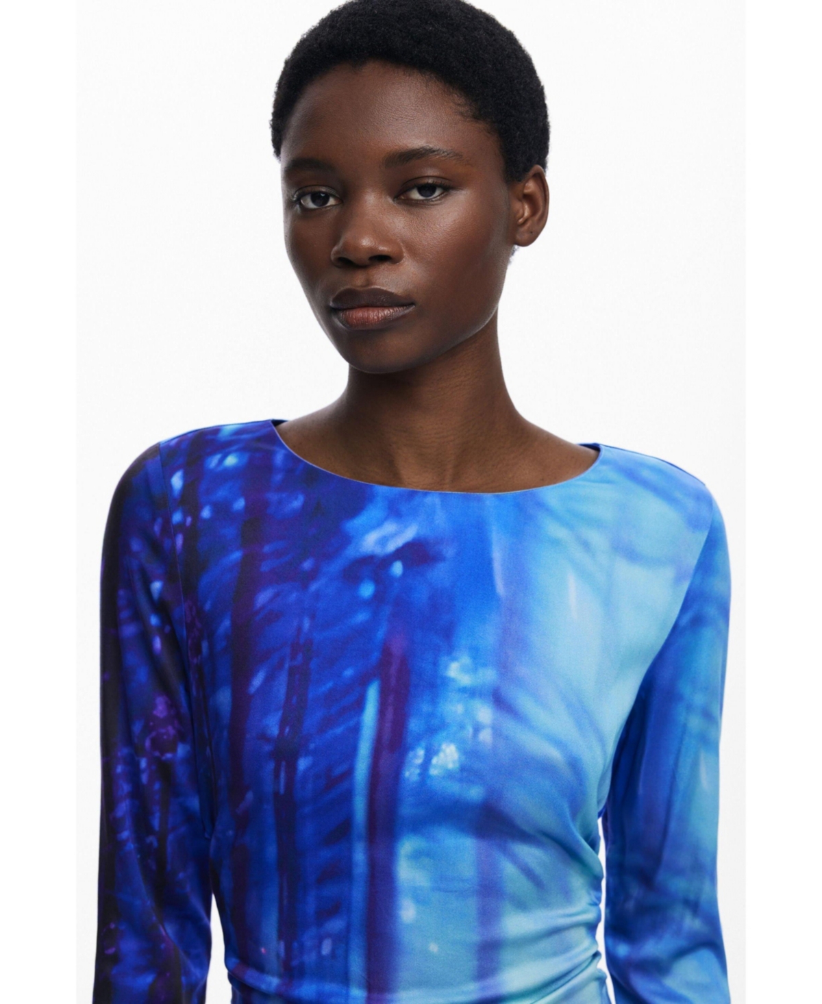 Desigual Tie Dye Pattern Long Sleeve Midi Dress In Blue