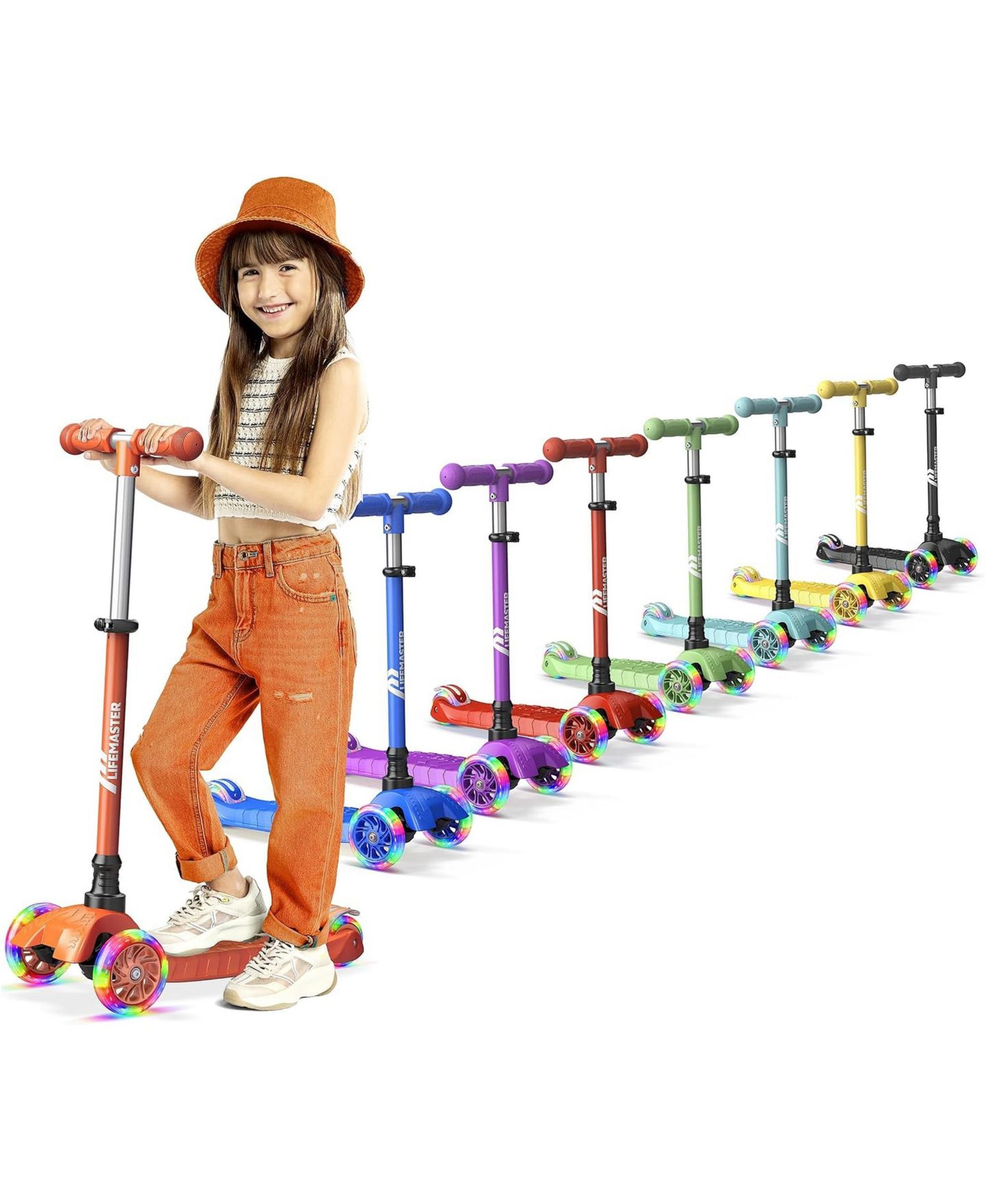 Детская игрушка Lifemaster Mini 3-Wheel Kids Scooter with Multi-Color Wheel Lights – 4-Height Adjustable Handlebar, Wide Anti-Slip Deck, Child Safety Certified, Boys & Girls Ages 2+ Supports Up to 110 lbs, Orange — фото 1
